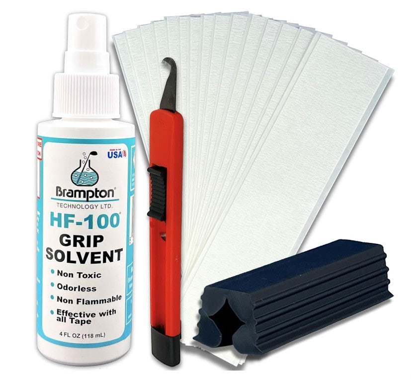Birdie Golf Grips Smoke & Barrel regrip kit with Brampton solvent, tape strips, hook blade, and rubber vise clamp.